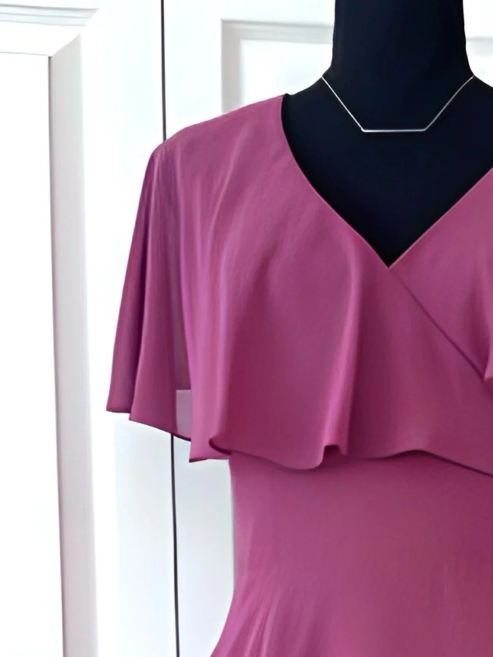 Billowy High-Low layered dress w/flutter sleeves partially lined burgundy color